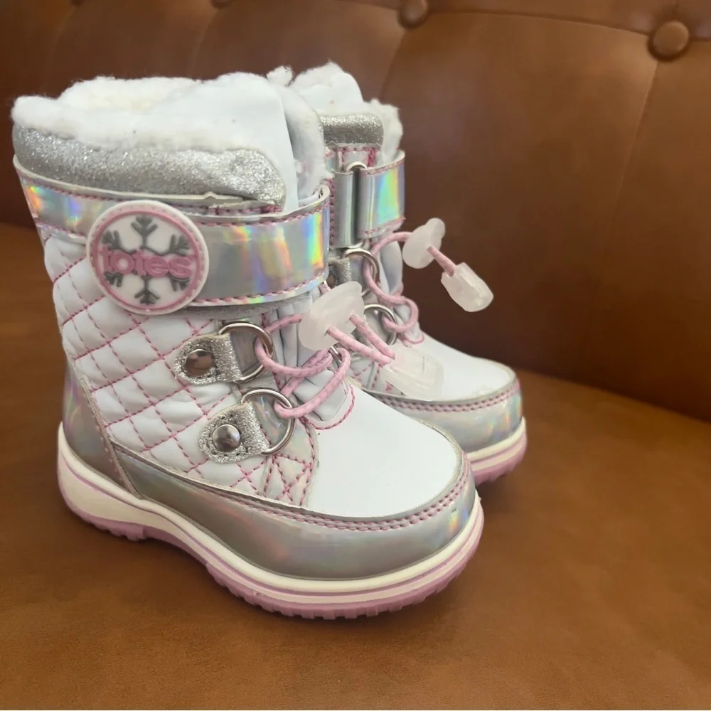 Totes  Galactica Baby Toddler Girls Sz 5 Waterproof Snow Boots White Silver Pink